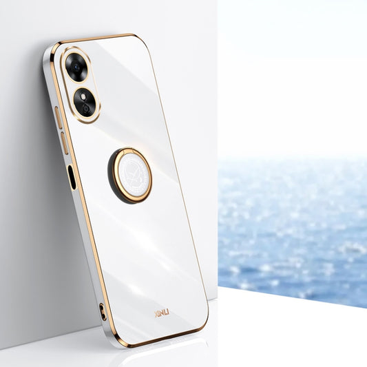 For OPPO A17 XINLI Straight Edge 6D Electroplate TPU Phone Case with Ring Holder(White) - OPPO Cases by buy2fix | Online Shopping UK | buy2fix