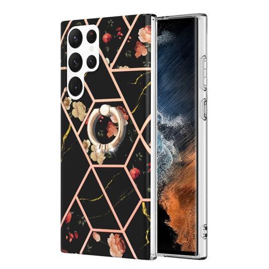 For Samsung Galaxy S23 Ultra 5G Splicing Marble Flower IMD TPU Phone Case with Ring Holder(Black Flower) - Galaxy S23 Ultra 5G Cases by buy2fix | Online Shopping UK | buy2fix