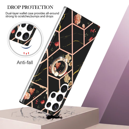 For Samsung Galaxy S23 Ultra 5G Splicing Marble Flower IMD TPU Phone Case with Ring Holder(Black Flower) - Galaxy S23 Ultra 5G Cases by buy2fix | Online Shopping UK | buy2fix