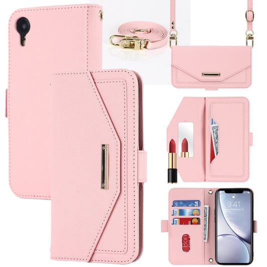For iPhone XR Cross Texture Lanyard Leather Phone Case(Pink) - More iPhone Cases by buy2fix | Online Shopping UK | buy2fix