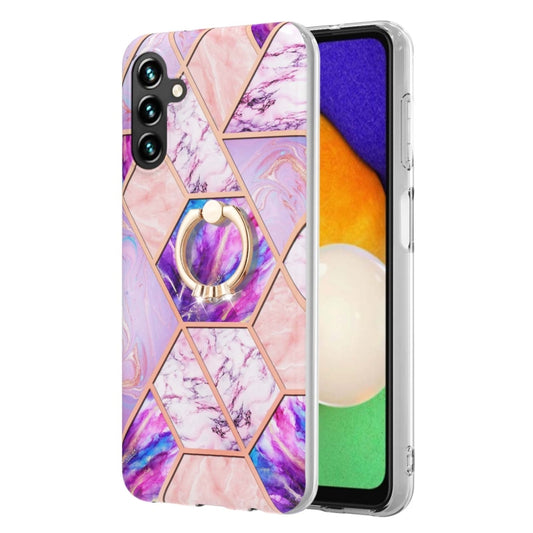 For Samsung Galaxy A14 5G Splicing Marble Flower IMD TPU Phone Case Ring Holder(Light Purple) by buy2fix