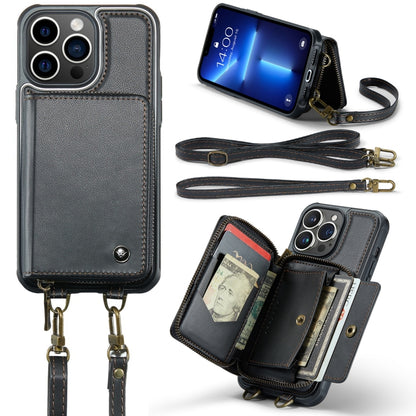 For iPhone 13 Pro JEEHOOD C22 Series Zipper Wallet Leather Phone Case with Dual Lanyard(Black) - iPhone 13 Cases by JEEHOOD | Online Shopping UK | buy2fix