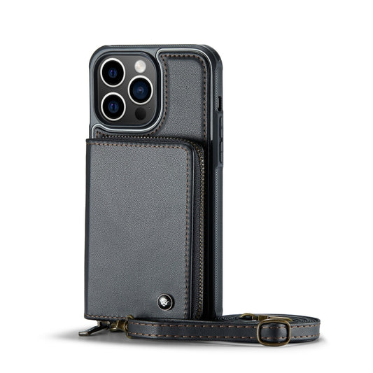 For iPhone 13 Pro JEEHOOD C22 Series Zipper Wallet Leather Phone Case with Dual Lanyard(Black) - iPhone 13 Cases by JEEHOOD | Online Shopping UK | buy2fix