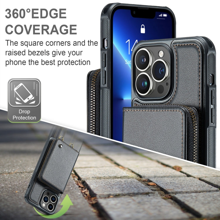 For iPhone 13 Pro JEEHOOD C22 Series Zipper Wallet Leather Phone Case with Dual Lanyard(Black) - iPhone 13 Cases by JEEHOOD | Online Shopping UK | buy2fix