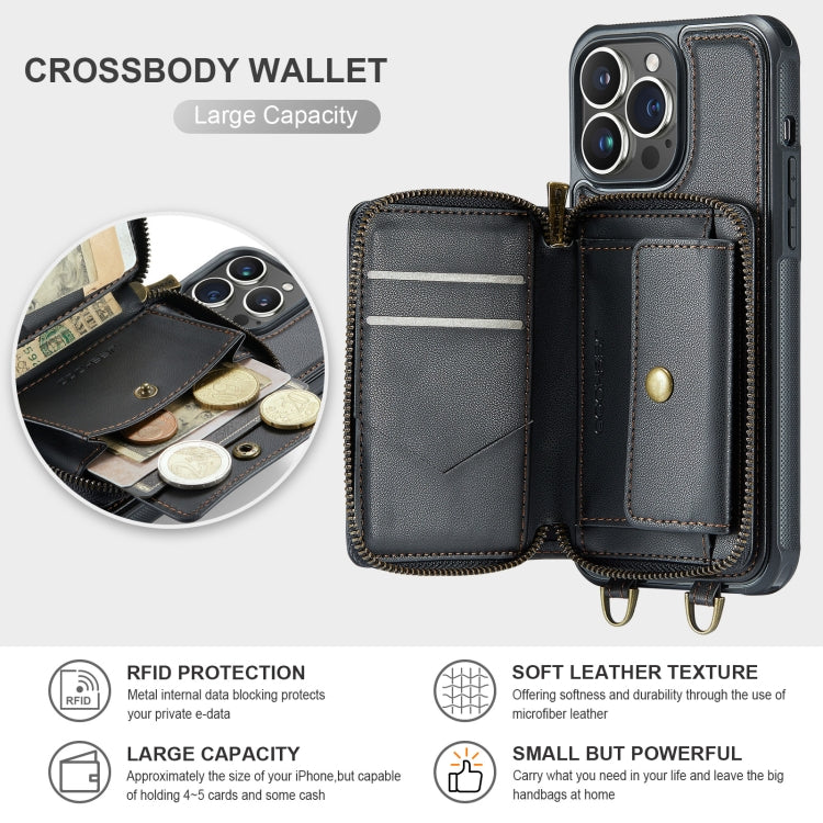 For iPhone 13 Pro JEEHOOD C22 Series Zipper Wallet Leather Phone Case with Dual Lanyard(Black) - iPhone 13 Cases by JEEHOOD | Online Shopping UK | buy2fix