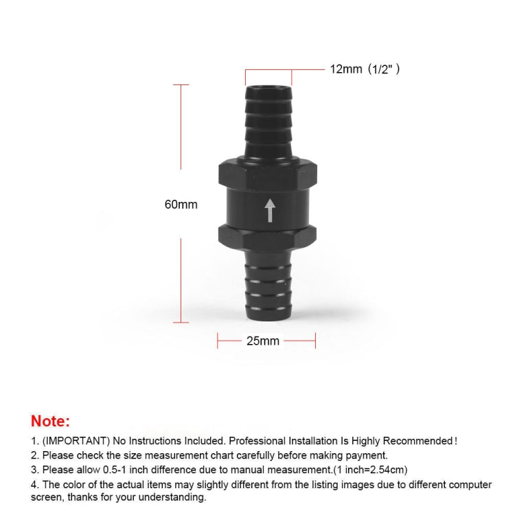 12mm Car  Aluminium Alloy Fuel Petrol One Way Non Return Check Valve - Engine Fittings by buy2fix | Online Shopping UK | buy2fix