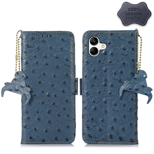 For Samsung Galaxy A04 4G Ostrich Pattern Genuine Leather RFID Phone Case(Blue) by buy2fix