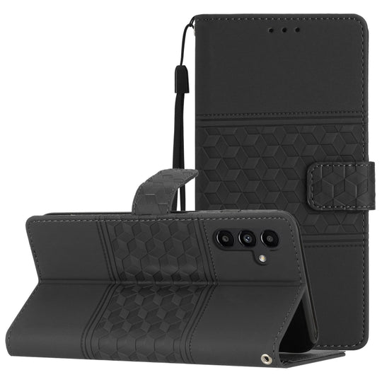 For Samsung Galaxy A04s Diamond Embossed Skin Feel Leather Phone Case with Lanyard(Black)