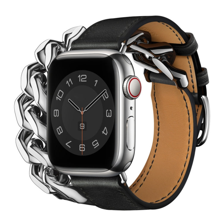 Double Loop Genuine Leather Stainless Steel Watch Band For Apple Watch Ultra 49mm&Watch Ultra 2 49mm / Series 9&8&7 45mm / SE 3&SE 2&6&SE&5&4 44mm / 3&2&1 42mm(Black) - Watch Bands by buy2fix | Online Shopping UK | buy2fix