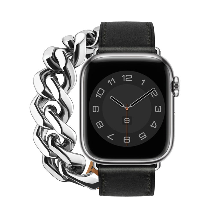 Double Loop Genuine Leather Stainless Steel Watch Band For Apple Watch Ultra 49mm&Watch Ultra 2 49mm / Series 9&8&7 45mm / SE 3&SE 2&6&SE&5&4 44mm / 3&2&1 42mm(Black) - Watch Bands by buy2fix | Online Shopping UK | buy2fix