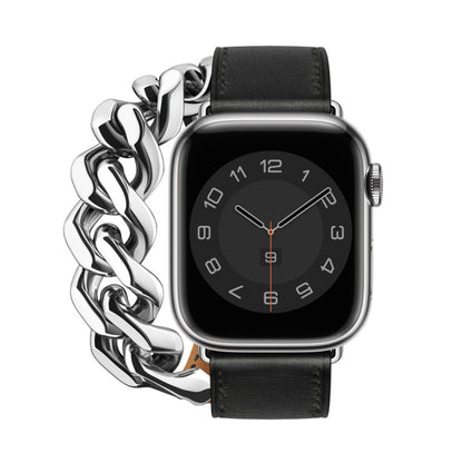 Double Loop Genuine Leather Stainless Steel Watch Band For Apple Watch Ultra 49mm&Watch Ultra 2 49mm / Series 9&8&7 45mm / SE 3&SE 2&6&SE&5&4 44mm / 3&2&1 42mm(Black) - Watch Bands by buy2fix | Online Shopping UK | buy2fix