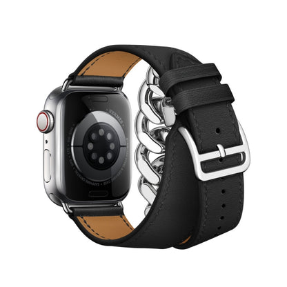Double Loop Genuine Leather Stainless Steel Watch Band For Apple Watch Ultra 49mm&Watch Ultra 2 49mm / Series 9&8&7 45mm / SE 3&SE 2&6&SE&5&4 44mm / 3&2&1 42mm(Black) - Watch Bands by buy2fix | Online Shopping UK | buy2fix