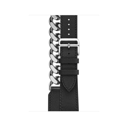 Double Loop Genuine Leather Stainless Steel Watch Band For Apple Watch Ultra 49mm&Watch Ultra 2 49mm / Series 9&8&7 45mm / SE 3&SE 2&6&SE&5&4 44mm / 3&2&1 42mm(Black) - Watch Bands by buy2fix | Online Shopping UK | buy2fix
