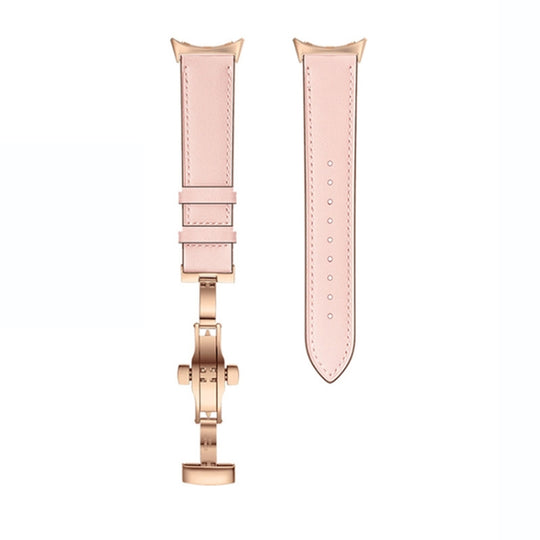 For Google Pixel Watch 5 / 4 / 3 / 2 / 1 41mm Butterfly Buckle Genuine Leather Watch Band(Rose Gold Pink)