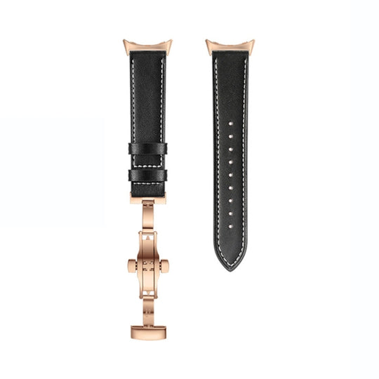 For Google Pixel Watch 5 / 4 / 3 / 2 / 1 41mm Butterfly Buckle Genuine Leather Watch Band(Rose Gold Black)