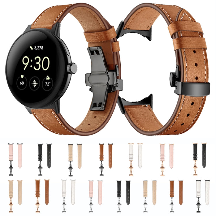 For Google Pixel Watch Butterfly Buckle Genuine Leather Watch Band(Black Black) - Watch Bands by buy2fix | Online Shopping UK | buy2fix