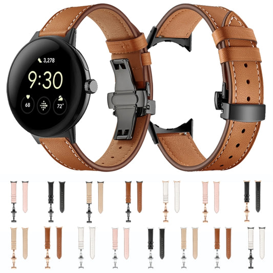 For Google Pixel Watch Butterfly Buckle Genuine Leather Watch Band(Black Black) - Watch Bands by buy2fix | Online Shopping UK | buy2fix