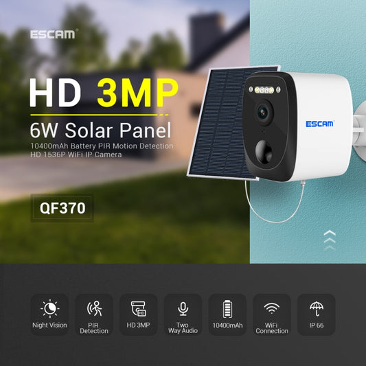 ESCAM QF370 3MP Cloud Storage PT WIFI Solar Panel IP Camera with PIR Alarm Support Night Vision & Two Way Audio - Wireless Camera by ESCAM | Online Shopping UK | buy2fix