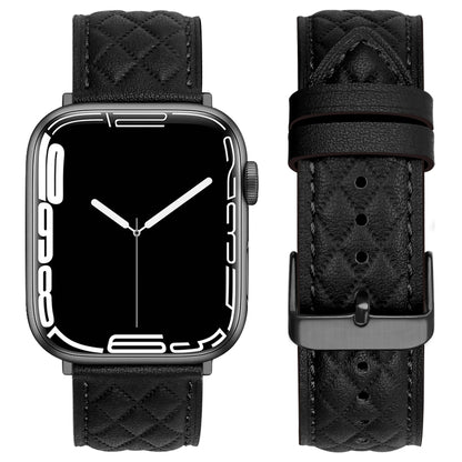 Rhombus Pattern Genuine Leather Watch Band For Apple Watch Series 9&8&7 41mm / SE 3&SE 2&6&SE&5&4 40mm / 3&2&1 38mm(Black) - Watch Bands by buy2fix | Online Shopping UK | buy2fix