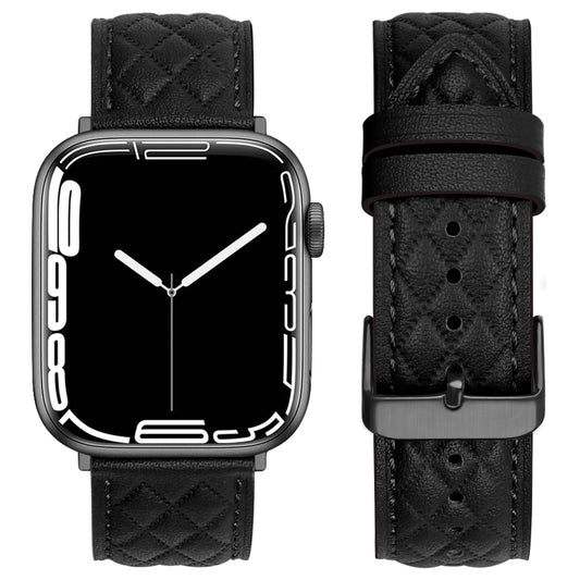 Rhombus Pattern Genuine Leather Watch Band For Apple Watch Series 9&8&7 41mm / SE 3&SE 2&6&SE&5&4 40mm / 3&2&1 38mm(Black) - Watch Bands by buy2fix | Online Shopping UK | buy2fix