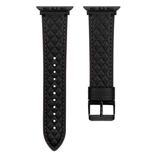 Rhombus Pattern Genuine Leather Watch Band For Apple Watch Series 9&8&7 41mm / SE 3&SE 2&6&SE&5&4 40mm / 3&2&1 38mm(Black) - Watch Bands by buy2fix | Online Shopping UK | buy2fix
