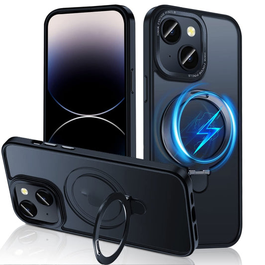 For iPhone 14 3 in 1 Skin Feel MagSafe Holder Phone Case(Black) - iPhone 14 Cases by buy2fix | Online Shopping UK | buy2fix