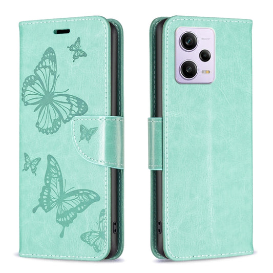 For Xiaomi Redmi Note 12 Pro 5G Global Embossing Two Butterflies Pattern Leather Phone Case(Green) by buy2fix