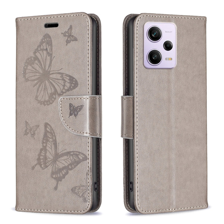 For Xiaomi Redmi Note 12 Pro 5G Global Embossing Two Butterflies Pattern Leather Phone Case(Grey) by buy2fix