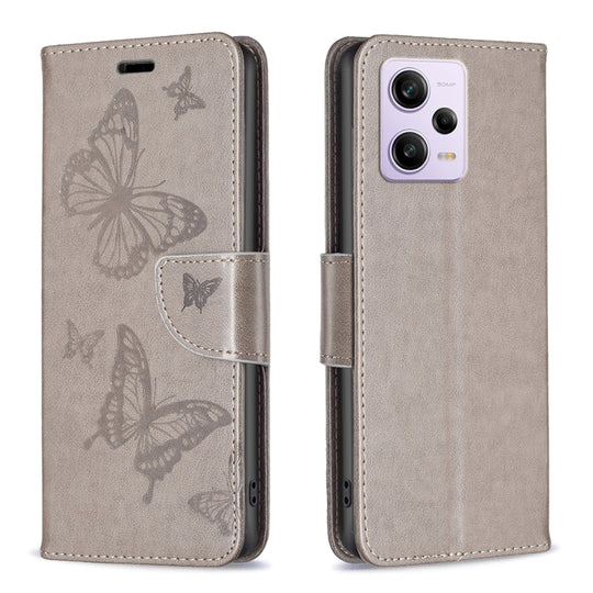 For Xiaomi Redmi Note 12 Pro 5G Global Embossing Two Butterflies Pattern Leather Phone Case(Grey)