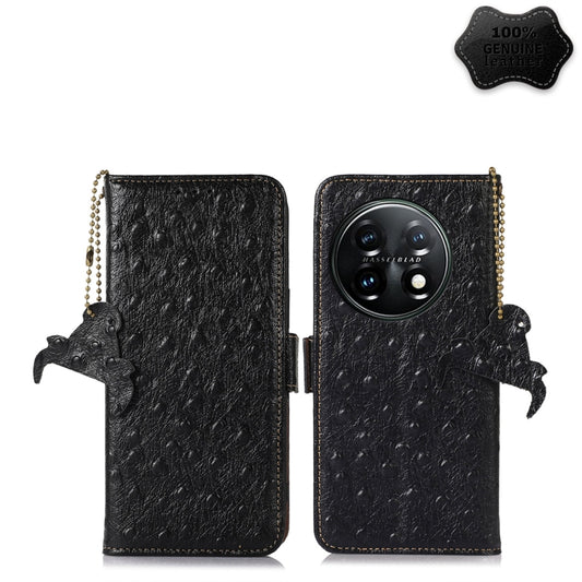 For OnePlus 11 5G Ostrich Pattern Genuine Leather RFID Phone Case(Black) by buy2fix
