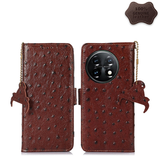 For OnePlus 11 5G Ostrich Pattern Genuine Leather RFID Phone Case(Coffee) by buy2fix