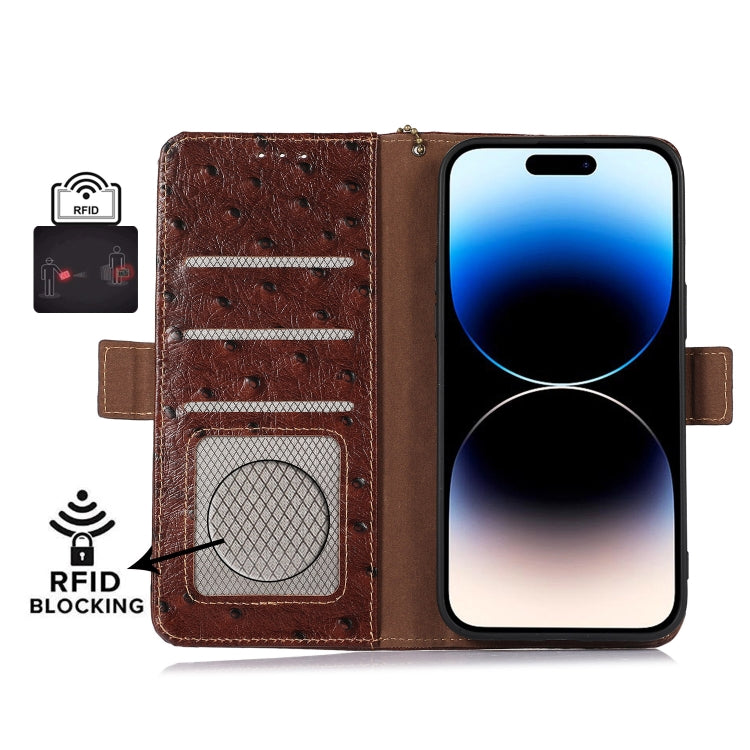 For OnePlus 11 5G Ostrich Pattern Genuine Leather RFID Phone Case(Coffee) by buy2fix