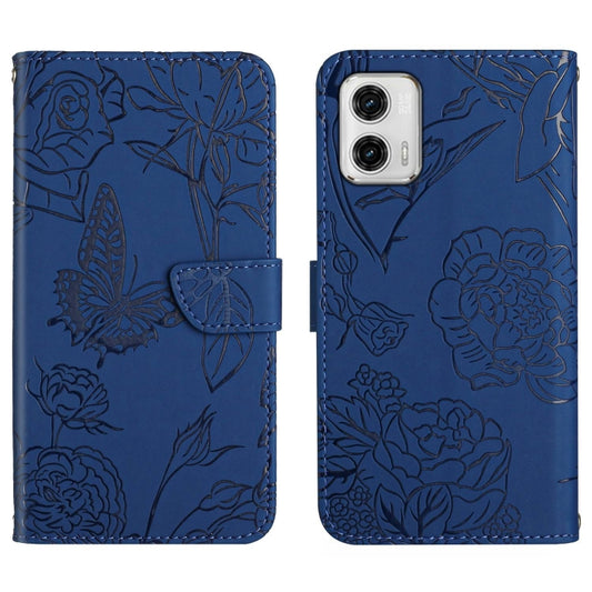 For Motorola Moto G73 5G HT03 Skin Feel Butterfly Embossed Flip Leather Phone Case(Blue) - Motorola Cases by buy2fix | Online Shopping UK | buy2fix