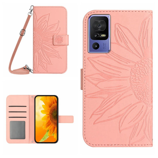 Pour TCL 40 SE HT04 Skin Feel Sun Flower Étui de téléphone en cuir à rabat en relief avec lanière (rose)