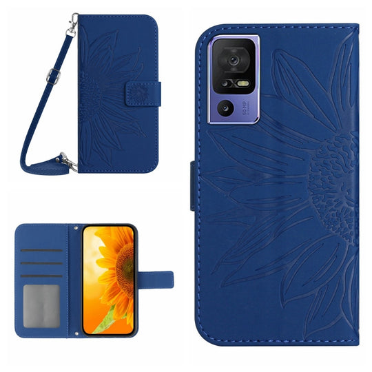 Pour TCL 40 SE HT04 Skin Feel Sun Flower Étui de téléphone en cuir à rabat en relief avec lanière (bleu foncé)