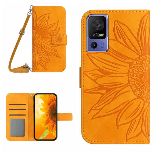 Pour TCL 40 SE HT04 Skin Feel Sun Flower Étui de téléphone en cuir à rabat en relief avec lanière (jaune)