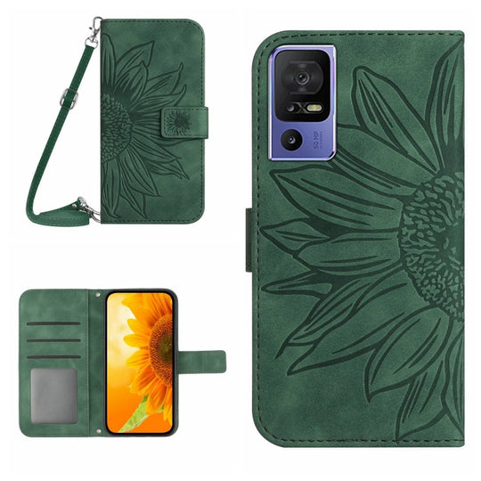 Pour TCL 40 SE HT04 Skin Feel Sun Flower Étui de téléphone en cuir à rabat en relief avec lanière (vert)