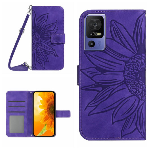 For TCL 40 SE HT04 Skin Feel Sun Flower Embossed Flip Leather Phone Case with Lanyard(Dark Purple) - TCL by buy2fix | Online Shopping UK | buy2fix