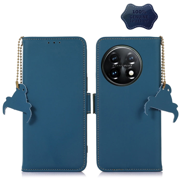 For OnePlus 11 Genuine Leather Magnetic RFID Leather Phone Case(Blue) by buy2fix