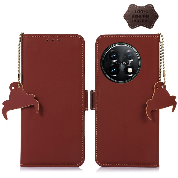 For OnePlus 11 Genuine Leather Magnetic RFID Leather Phone Case(Coffee) by buy2fix