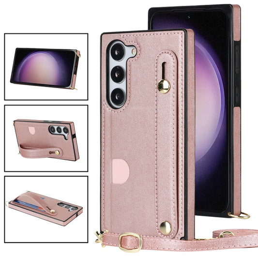 For Samsung Galaxy S23+ 5G Cross-body Wristband Holder Square Phone Case(Rose Gold) - Galaxy S23+ 5G Cases by buy2fix | Online Shopping UK | buy2fix