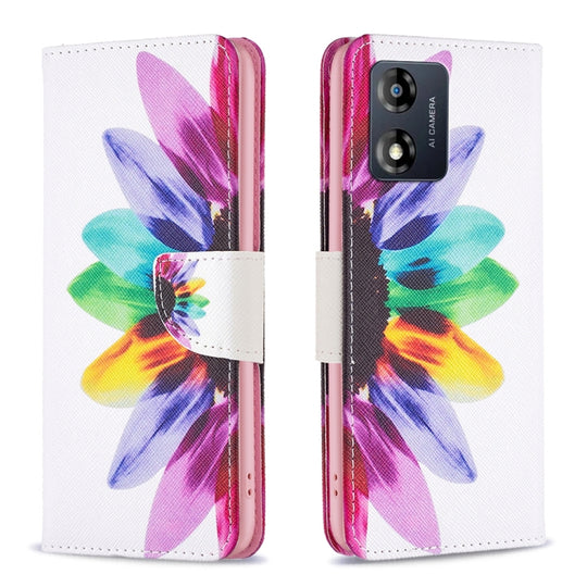 Pour Motorola Moto E13 4G Étui de téléphone en cuir à motif de dessin coloré (fleur de soleil)