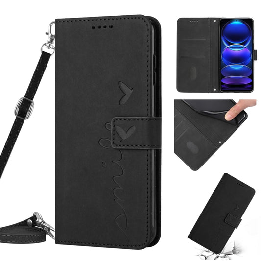 For Xiaomi Redmi Note 12 5G Global / Poco X5 5G Skin Feel Heart Pattern Leather Phone Case with Lanyard(Black) by buy2fix