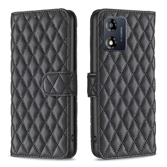 Pour Motorola Moto E13 4G Étui de téléphone à rabat en cuir avec treillis diamant (Noir)