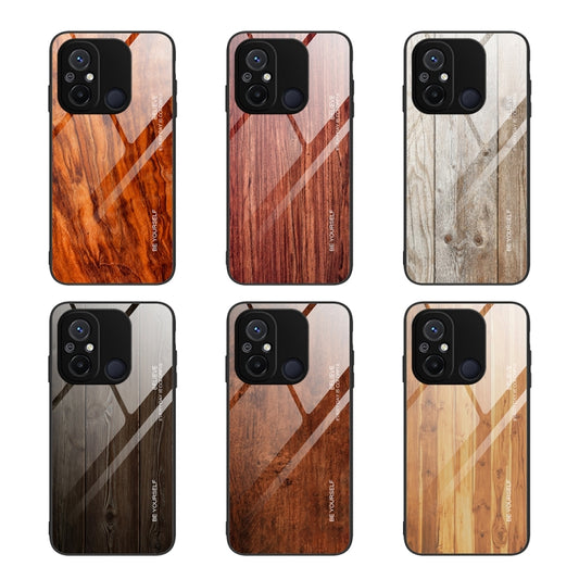 For Xiaomi Redmi 12C Wood Grain Glass Phone Case(Coffee) by buy2fix