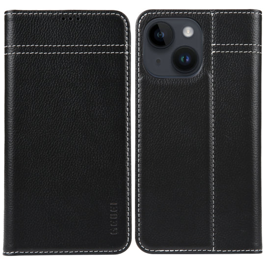 For iPhone 14 GEBEI Top-grain Horizontal Flip Leather Phone Case(Black)