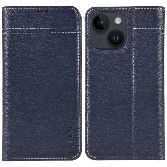 For iPhone 14 GEBEI Top-grain Horizontal Flip Leather Phone Case(Blue)