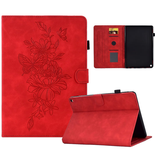 For Amazon Kindle Fire HD10 2021 Peony Butterfly Embossed Leather Smart Tablet Case(Red) - Amazon by buy2fix | Online Shopping UK | buy2fix