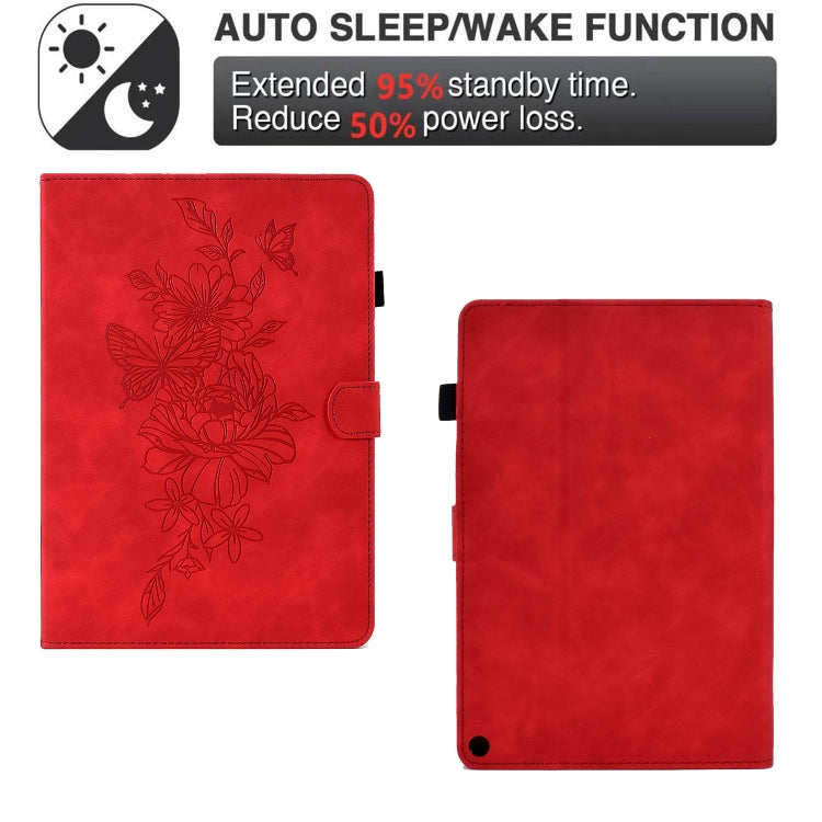 For Amazon Kindle Fire HD10 2021 Peony Butterfly Embossed Leather Smart Tablet Case(Red) - Amazon by buy2fix | Online Shopping UK | buy2fix