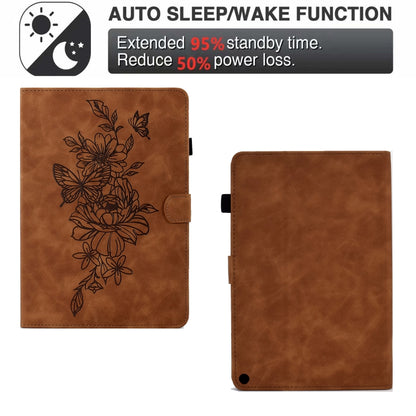For Amazon Kindle Fire HD8 2022 Peony Butterfly Embossed Leather Smart Tablet Case(Brown) - Amazon by buy2fix | Online Shopping UK | buy2fix